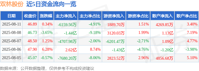 股票行情快报：双林股份（300100）8月11日主力资金净卖出6159.56万元