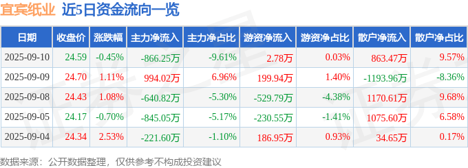 股票行情快报:宜宾纸业(600793)9月10日主力资金净卖出866.25万元
