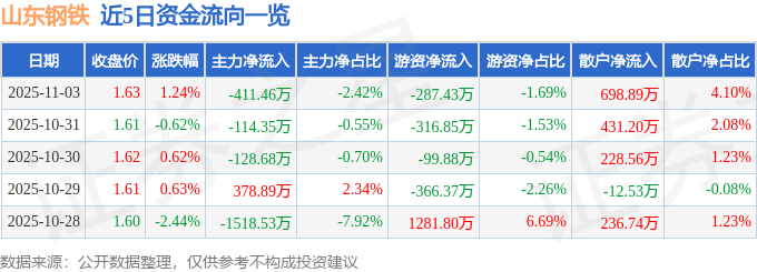 股票行情快报：山东钢铁（600022）11月3日主力资金净卖出411.46万元