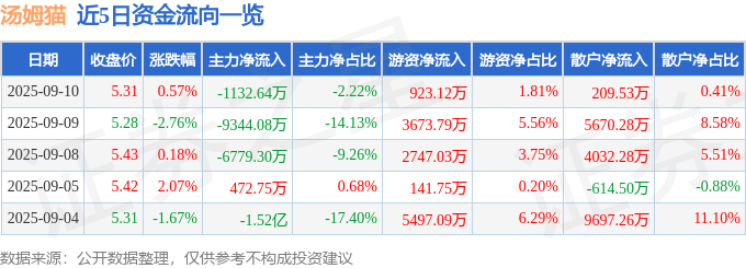 股票行情快报：汤姆猫（300459）9月10日主力资金净卖出1132.64万元