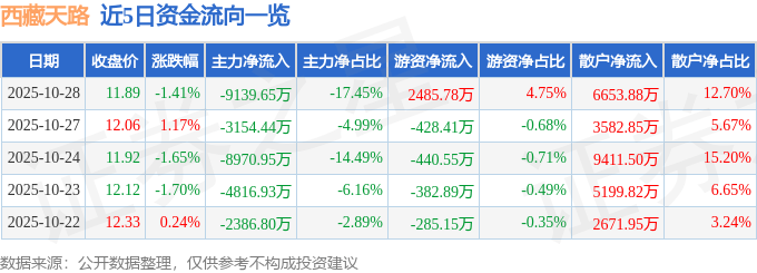 股票行情快报：西藏天路（600326）10月28日主力资金净卖出9139.65万元