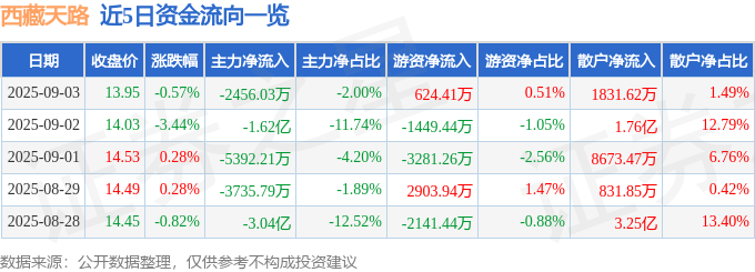 股票行情快报：西藏天路（600326）9月3日主力资金净卖出2456.03万元