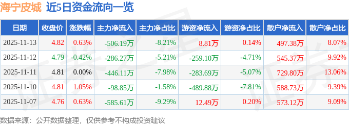 股票行情快报：海宁皮城（002344）11月13日主力资金净卖出506.19万元