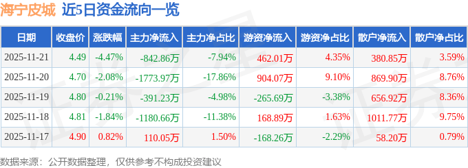 股票行情快报：海宁皮城（002344）11月21日主力资金净卖出842.86万元