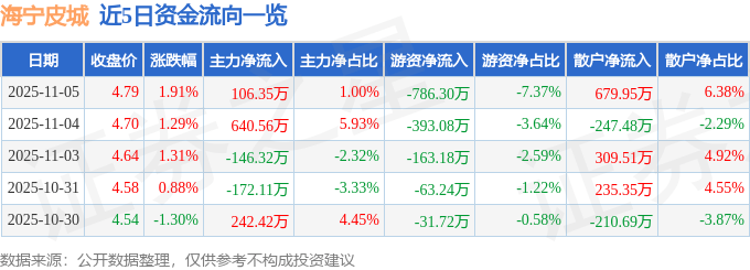 股票行情快报：海宁皮城（002344）11月5日主力资金净买入106.35万元