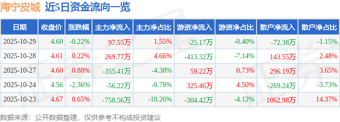 股票行情快报:海宁皮城(002344)10月29日主力资金净买入97.55万元