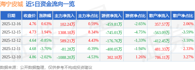股票行情快报：海宁皮城（002344）12月16日主力资金净买入102.24万元